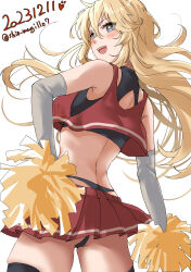 Rule 34 | 1girl, absurdres, ass, bare shoulders, black panties, blue eyes, breasts, cheerleader, cowboy shot, crop top, dated, highres, holding, holding pom poms, iowa (kancolle), kantai collection, large breasts, long hair, looking at viewer, midriff, miniskirt, one-hour drawing challenge, open mouth, panties, pom pom (cheerleading), pom poms, shiomugi (shio mugi1107), shirt, skirt, sleeveless, smile, solo, twitter username, underwear, white background