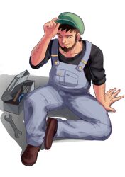 Rule 34 | 1boy, arm hair, arm support, beard, black shirt, brown footwear, brown hair, closed eyes, closed mouth, collarbone, creatures (company), facial hair, game freak, green hat, grey overalls, hand up, hat, koratcat, male focus, meyer (pokemon), nintendo, overalls, pokemon, pokemon (anime), pokemon xy (anime), shirt, shoes, short hair, sitting, smile, solo, spread legs, toolbox, wrench