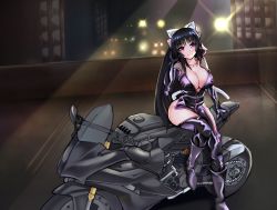 Rule 34 | 1girl, absurdres, animal ears, black bodysuit, black hair, bodysuit, boots, bow, breasts, cat ears, cat girl, cat tail, city, city lights, cleavage, closed mouth, collarbone, commentary, english commentary, hair bow, highres, large breasts, long hair, motor vehicle, motorcycle, night, noihara himari, nondraw, omamori himari, pink bow, ponytail, purple eyes, sitting, smile, solo, tail, thighs, unzipped, very long hair