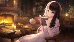 Rule 34 | 1girl, ahoge, alternate hairstyle, animal-shaped pillow, apple, black hair, blunt bangs, book, book stack, bookmark, bookshelf, candle, chair, clock, closed mouth, collarbone, commentary request, couch, cup, desk, fire, fireplace, food, fruit, fruit basket, grapes, holding, holding book, lantern, light, light smile, long hair, missile228, multicolored hair, night, nijisanji, open book, orange (fruit), painting (object), pajamas, pink eyes, pink hair, plant, plate, potted plant, reading, rug, scenery, sitting, solo, split-color hair, streaked hair, table, teacup, very long hair, virtual youtuber, white hair, window, wooden floor, yorumi rena