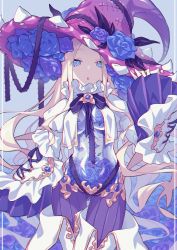 Rule 34 | :o, abigail williams (fate), absurdres, arm up, blonde hair, blue background, blue eyes, blue flower, blue rose, boots, bow, breasts, collar, eyes visible through hair, facing viewer, fate/grand order, fate (series), film grain, flower, frilled sleeves, frills, gat (korean traditional hat), gluteal fold, hat, hat flower, highres, laces, long hair, long sleeves, looking at viewer, parted bangs, parted lips, purple bow, purple ribbon, purple thighhighs, ribbon, rose, see-through, simple background, solo, striped clothes, striped thighhighs, tewo (tewowet), thigh boots, thighhighs, white footwear, wide sleeves, witch hat