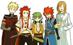Rule 34 | 5boys, asch (cosplay), asch (tales), belt, blonde hair, blue eyes, brown hair, cosplay, costume switch, crossover, glasses, green eyes, guy cecil, guy cecil (cosplay), hair tubes, happy, hyu ga, ion (cosplay), ion (tales), jade curtiss, jade curtiss (cosplay), long hair, luke fon fabre, luke fon fabre (cosplay), male focus, multiple boys, ponytail, red hair, robe, short hair, short hair with long locks, surcoat, sword, tales of (series), tales of the abyss, weapon, white background