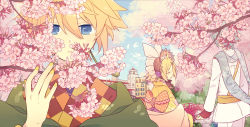 Rule 34 | 1girl, 2boys, blonde hair, blue eyes, blue hair, bonnet, bow, bridge, building, cherry blossoms, day, expressionless, closed eyes, flower, hair bow, holding hands, headdress, japanese clothes, kagamine len, kagamine rin, kaito (vocaloid), long sleeves, multiple boys, nail polish, outdoors, patterned clothing, petals, scarf, short hair, sky, tree, vocaloid, yellow nails, yoshiki