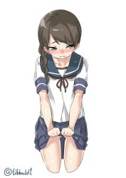 Rule 34 | 10s, 1girl, bad id, bad twitter id, black eyes, black hair, blue skirt, blush, braid, clothes lift, collarbone, cowboy shot, cropped legs, ebifurya, eyebrows, gluteal fold, hair over shoulder, highres, inactive account, kantai collection, lifted by self, long hair, looking away, no panties, open mouth, pleated skirt, school uniform, serafuku, short sleeves, simple background, single braid, skirt, skirt lift, solo, sweat, tears, twitter username, uranami (kancolle), white background
