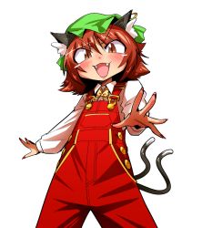 Rule 34 | 1girl, :d, adapted costume, animal ear fluff, animal ears, blush, bow, bowtie, brown eyes, brown hair, cat ears, cat tail, chen, commentary request, cowboy shot, earrings, fangs, fingernails, green hat, hat, head tilt, jewelry, long sleeves, looking at viewer, mob cap, multiple tails, nail polish, nekomata, open mouth, overalls, red nails, sharp fingernails, shimizu pem, shirt, short hair, simple background, smile, solo, standing, tail, touhou, two tails, v-shaped eyebrows, white background, white shirt, yellow bow, yellow bowtie