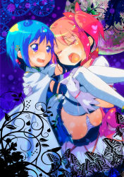 Rule 34 | 10s, 2girls, black hair, blue hair, blush, carrying, closed eyes, gloves, highres, kaname madoka, magical girl, mahou shoujo madoka magica, mahou shoujo madoka magica (anime), miki sayaka, multiple girls, open mouth, panties, pink hair, princess carry, short hair, smile, striped clothes, striped panties, sw (taco), tears, thighhighs, twintails, underwear, white gloves, white legwear, yuri