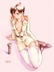 Rule 34 | 1girl, blush, boots, breasts, brown eyes, brown hair, center opening, cleavage, clothes pull, artistic error, from above, grey eyes, ibuki maya, kokeshi, kotatsu-spirit, looking up, military, military uniform, naughty face, neon genesis evangelion, open clothes, pants, pants pull, pantyhose, pantyhose pull, pulling own clothes, seductive smile, shadow, short hair, signature, sitting, sketch, small breasts, smile, solo, teasing, uniform, unzipped, white pantyhose