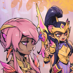 Rule 34 | 2girls, armor, bare shoulders, breasts, cleavage, commentary, dark-skinned female, dark skin, faerie court kalista, faerie queen karma, hair ornament, holding, holding polearm, holding weapon, kalista, karma (league of legends), league of legends, long hair, medium breasts, multicolored background, multiple girls, orange eyes, phantom ix row, pink eyes, pink hair, polearm, ponytail, shoulder plates, symbol-only commentary, teeth, upper body, upper teeth only, weapon