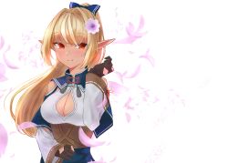 Rule 34 | 1girl, absurdres, asao (flavor of morning), black gloves, blonde hair, blue dress, blush, bow, breasts, cleavage, cleavage cutout, closed mouth, clothing cutout, commentary, dark-skinned female, dark skin, dress, fingerless gloves, flower, gloves, hair bow, hair flower, hair ornament, highres, hololive, long hair, looking at viewer, medium breasts, multicolored hair, petals, pointy ears, ponytail, red eyes, shiranui flare, shiranui flare (old design), shoulder cutout, simple background, smile, solo, streaked hair, tassel, two-tone dress, two-tone hair, upper body, virtual youtuber, white background, white dress