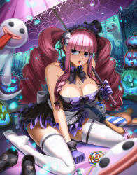 Rule 34 | 1girl, alternate hairstyle, ass, black eyes, breasts, cleavage, devil fruit, dress, drill hair, highres, holding, holding umbrella, horo horo no mi, large breasts, long hair, one piece, perona, pink hair, pumpkin, purple eyes, shiny skin, short dress, sitting, smile, stuffed animal, stuffed toy, umbrella, very long hair, wide hips