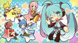 Rule 34 | 2boys, 4girls, ;p, ahoge, belt, black skirt, blonde hair, blue eyes, blue hair, blue nails, blue necktie, blue scarf, boots, bow, bright pupils, brown eyes, brown hair, chibi, coat, crop top, crossed legs, detached sleeves, full body, hair ornament, hairclip, hajime (vasu), hatsune miku, headphones, headset, heart, kagamine len, kagamine rin, kaito (vocaloid), megurine luka, meiko (vocaloid), miniskirt, multiple boys, multiple girls, musical note, nail polish, necktie, number tattoo, one eye closed, open mouth, pants, pink hair, pleated skirt, project diva (series), red nails, red skirt, scarf, short hair, shoulder tattoo, sitting, skirt, smile, tattoo, teeth, tongue, tongue out, twintails, upper teeth only, v, vocaloid, white bow, white coat, white pupils