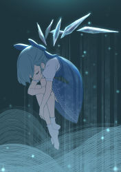 Rule 34 | absurdres, blue bow, blue dress, blue hair, bow, cirno, commentary request, detached wings, dress, closed eyes, full body, grey background, highres, hugging own legs, ice, ice wings, kawayabug, knees up, shirt, short hair, short sleeves, socks, solo, sparkle, touhou, white shirt, white socks, wings