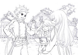 Rule 34 | 00s, book, buttons, colette brunel, genius sage, lloyd irving, long hair, lowres, monochrome, short hair, sio vanilla, sketch, smile, sword, tales of (series), tales of symphonia, weapon