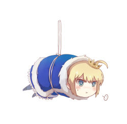 Rule 34 | ..., 1girl, :t, ahoge, artoria pendragon (fate), bad id, bad pixiv id, blonde hair, blue eyes, crown, fate/grand order, fate/stay night, fate (series), futon, highres, mini crown, ravie, saber (fate), short hair, simple background, solo, spoken ellipsis, white background