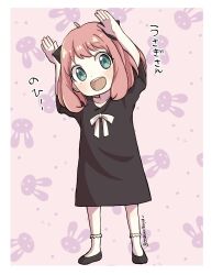 Rule 34 | 1girl, animal print, anya (spy x family), arms up, black dress, blush, border, child, commentary request, dress, eyelashes, full body, green eyes, highres, looking at viewer, medium hair, open mouth, oyasumisuya, pink background, pink hair, rabbit day, rabbit pose, rabbit print, short sleeves, simple background, smile, solo, spy x family, standing, teeth, translated, twitter username, upper teeth only, white border