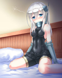 Rule 34 | 10s, 1girl, :o, armor, bare shoulders, bed, blue eyes, blush, breasts, cameltoe, colored eyelashes, covered erect nipples, covered navel, full body, gorget, hair between eyes, headgear, highres, impossible clothes, indoors, japanese armor, kantai collection, kyamu (qqea92z9n), long hair, looking at viewer, md5 mismatch, military, military uniform, no headwear, off shoulder, on bed, open mouth, pillow, pleated skirt, radio antenna, resized, resolution mismatch, shikoro, sitting, skin tight, skirt, small breasts, solo, source larger, spread legs, u-511 (kancolle), uniform, unitard, wariza, white hair