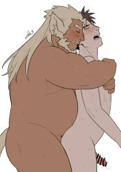 Rule 34 | 2boys, age difference, anal, animal ears, arms around neck, bar censor, bara, beard, belly press, blonde hair, blush, censored, closed eyes, completely nude, facial hair, feet out of frame, from side, huckle (live a hero), hug, hug from behind, interracial, live a hero, long hair, male focus, male penetrated, male protagonist (live a hero), masa (mshk s), mature male, multiple boys, muscular, muscular male, nude, profile, sex, short hair, standing, standing sex, sweat, tail, thick eyebrows, thick thighs, thighs, torogao, very sweaty, yaoi