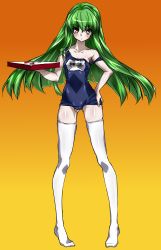 Rule 34 | 00s, 1girl, :&lt;, absurdres, bad id, bad pixiv id, blush, c.c., cameltoe, censored, code geass, fake censor, female focus, food, full body, gradient background, green hair, hand on own hip, highres, hip focus, legs, long hair, maetaku, off shoulder, one-piece swimsuit, pizza, pizza hut, pointless censoring, product placement, school swimsuit, simple background, solo, swimsuit, thighhighs, yellow eyes