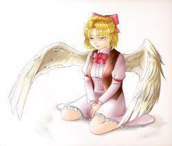 Rule 34 | 1girl, angel wings, blonde hair, bow, brown vest, enohisa toho, feathered wings, frilled skirt, frills, gengetsu (touhou), hair bow, highres, juliet sleeves, long sleeves, open clothes, open vest, parted bangs, parted lips, puffy sleeves, red bow, red neckwear, shirt, short hair, sitting, skirt, touhou, touhou (pc-98), vest, wariza, white shirt, white skirt, wings, yellow eyes