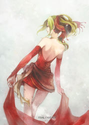 Rule 34 | 1990s (style), 1girl, backless dress, backless outfit, bad id, bad pixiv id, bare back, bare shoulders, detached sleeves, dress, earrings, final fantasy, final fantasy vi, flower, from behind, green hair, hair ornament, hair ribbon, jewelry, necklace, pantyhose, ponytail, retro artstyle, ribbon, s1minami, solo, star (symbol), tina branford