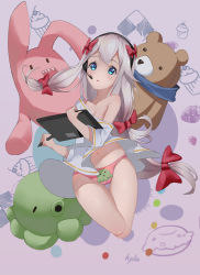 Rule 34 | 10s, 1girl, animal print, artist name, bare shoulders, blue eyes, blue scarf, blush, bow, breasts, cleavage, collarbone, dated, drawing tablet, eromanga sensei, full body, gluteal fold, hair bow, hands up, headset, highres, holding, holding pen, izumi sagiri, legs together, legs up, long hair, looking at viewer, low-tied long hair, navel, off-shoulder shirt, off shoulder, open mouth, panties, pen, pink bow, pink panties, print panties, scarf, shirt, sidelocks, silver hair, small breasts, solo, stuffed animal, stuffed octopus, stuffed rabbit, stuffed toy, stylus, teddy bear, thigh gap, underwear, underwear only, very long hair, yun lin