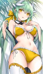 Rule 34 | 1girl, bare shoulders, bikini, blush, breasts, dragon girl, dragon horns, fate/grand order, fate (series), green hair, hair ornament, highres, horns, kiyohime (fate), large breasts, long hair, long sleeves, looking at viewer, morizono shiki, parted lips, side-tie bikini bottom, smile, solo, swimsuit, thighhighs, thighs, white thighhighs, wide sleeves, yellow bikini, yellow eyes