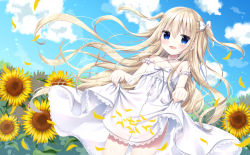Rule 34 | 1girl, :d, bare shoulders, blonde hair, blue eyes, blue sky, blush, bow, cloud, commentary request, criss-cross halter, day, dress, flower, hair between eyes, hair bow, halterneck, long hair, looking at viewer, open mouth, original, outdoors, petals, skirt basket, skirt hold, sky, smile, solo, standing, sunflower, tia-chan, two side up, uchuuneko, very long hair, white bow, white dress, yellow flower