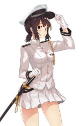 Rule 34 | 1girl, admiral (kancolle), admiral (kancolle) (cosplay), anchor symbol, arm up, blush, breasts, brown hair, buttons, cosplay, cowboy shot, fubuki (kancolle), gloves, green eyes, hand on hilt, hat, highres, kantai collection, long sleeves, looking at viewer, medium breasts, open mouth, oweee, peaked cap, pleated skirt, scabbard, sheath, sheathed, short hair, short ponytail, simple background, skirt, solo, sword, weapon, white background, white gloves, white skirt