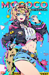 Rule 34 | 1girl, absurdres, animal ear fluff, animal ears, bandaid, bandaid hair ornament, black collar, black jacket, blonde hair, blue eyes, blue nails, blue shorts, breasts, character name, collar, cropped jacket, cropped shirt, defaultz, dog ears, dog girl, dog tail, fuwawa abyssgard, hair ornament, headphones, headphones around neck, highres, hololive, hololive english, jacket, jewelry, looking at viewer, mococo abyssgard, mococo abyssgard (1st costume), multicolored hair, multicolored nails, navel, open mouth, pink hair, pink nails, ring, shirt, shorts, small breasts, smile, solo, spiked collar, spikes, streaked hair, tail, two side up, virtual youtuber, white shirt, x hair ornament, yellow nails
