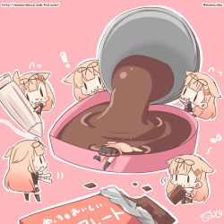 Rule 34 | !, 1girl, :3, :q, :t, black legwear, blonde hair, box, chibi, chocolate, chocolate on face, clone, eating, flying sweatdrops, food, food on face, hair flaps, hair ornament, hair ribbon, hairclip, heart-shaped box, kantai collection, long hair, momoniku (taretare-13), musical note, open mouth, partially submerged, pink background, pleated skirt, pouring, ribbon, scarf, school uniform, serafuku, signature, sitting, skirt, socks, tongue, tongue out, twitter username, valentine, watermark, waving arms, web address, yuudachi (kancolle)