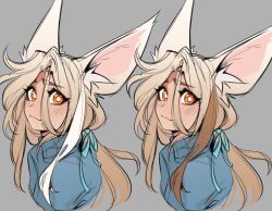 Rule 34 | 1girl, animal ear fluff, animal ears, bat ears, blonde hair, blue ribbon, blue sweater, bright pupils, brown hair, commentary, english commentary, from side, glacier clear, hair ribbon, long hair, looking at viewer, multicolored hair, nervous, orange eyes, original, portrait, ribbon, sketch, smile, streaked hair, sweater, turtleneck, turtleneck sweater, variations, white hair, white pupils