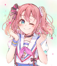Rule 34 | 10s, 1girl, ;), aozora jumping heart, bad id, bad pixiv id, blue eyes, blush, bow, clenched hands, collar, crescent, crescent earrings, earrings, flower, hair between eyes, hair bow, hair flower, hair ornament, hair scrunchie, highres, jewelry, kashiwagi tsukiko, kurosawa ruby, looking at viewer, love live!, love live! sunshine!!, neckerchief, one eye closed, red hair, scrunchie, short sleeves, smile, solo, sparkle, striped, striped bow, suspenders, two side up, upper body, wristband