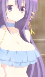 Rule 34 | 10s, 1girl, absurdres, bare shoulders, breasts, cleavage, fianna ray ordesia, frills, highres, large breasts, long hair, midriff, purple eyes, purple hair, screencap, seirei tsukai no blade dance, solo, swimsuit