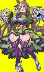 Rule 34 | 1girl, absurdres, animal ears, ascot, black ascot, black thighhighs, braid, breasts, brown hair, closed mouth, commentary request, dress, french braid, full body, green dress, hair between eyes, highres, horse ears, horse girl, horse tail, large breasts, multicolored hair, open mouth, satono diamond (umamusume), simple background, sleeves past fingers, sleeves past wrists, smile, solo, streaked hair, tail, take nii, teeth, thighhighs, umamusume, upper teeth only, white footwear, white hair, yellow background
