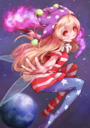 Rule 34 | 1girl, american flag dress, american flag legwear, american flag shirt, blonde hair, clownpiece, earth (planet), fairy wings, hat, highres, hoshibuchi, jester cap, long hair, looking at viewer, outstretched arms, pantyhose, red eyes, solo, space, tongue, tongue out, torch, touhou, very long hair, wings