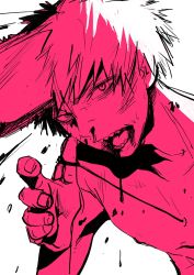 Rule 34 | 1boy, blood, blood on face, chainsaw, chainsaw man, denji (chainsaw man), highres, looking at viewer, monochrome, nosebleed, open mouth, pink theme, sharp teeth, short hair, simple background, solo, spot color, string pull, teeth, ten ten 10 10, white background