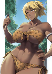 2girls, animal print, armlet, black hair, blonde hair, bra, breasts, cleavage, commentary, commission, dark-skinned female, english commentary, eyebrows visible through hair, giant, giantess, highres, jungle, large breasts, leopard print, licking lips, long hair, multiple girls, muscular, muscular female, nature, navel, nose piercing, nose ring, original, outside border, packge, piercing, ponytail, purple bra, tongue, tongue out, underwear, yellow eyes