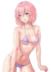 Rule 34 | 1girl, bikini, blush, breasts, collarbone, gluteal fold, hair between eyes, highres, looking at viewer, medium breasts, navel, original, parted lips, pink hair, purple bikini, purple eyes, short hair, simple background, skindentation, smile, solo, stomach, string bikini, sunako (veera), swimsuit, white background