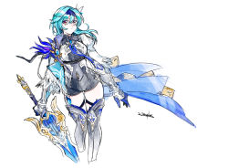 Rule 34 | 1girl, 203wolves, black jumpsuit, black thighhighs, blue gloves, blue hair, blue hairband, blue necktie, boots, breasts, closed mouth, cropped legs, eula (genshin impact), floating hair, genshin impact, gloves, grey footwear, hair between eyes, hair over shoulder, hairband, holding, holding sword, holding weapon, jumpsuit, large breasts, long hair, necktie, red eyes, short jumpsuit, signature, simple background, sketch, solo, sword, thigh boots, thigh gap, thighhighs, weapon, white background