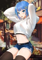 Rule 34 | 1girl, :o, belt, black thighhighs, blue eyes, blue shorts, blunt bangs, blurry, blurry background, blush, commentary request, crop top, cropped hoodie, day, denim, denim shorts, depth of field, drawstring, hair ornament, hairclip, hood, hood down, hoodie, long sleeves, navel, nima (niru54), open mouth, original, outdoors, short hair, short ponytail, short shorts, shorts, sitting, solo, stomach, storefront, thighhighs, thighs, tying hair