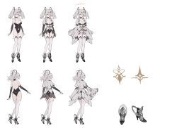 Rule 34 | 1girl, ass, azur lane, black leotard, boots, breasts, cleavage, detached sleeves, diamond (shape), diamond hair ornament, dress, full body, grey dress, grey hair, high heel boots, high heels, highres, joffre (azur lane), layered dress, leotard, long sleeves, looking at viewer, medium breasts, multiple views, official art, pink eyes, simple background, sketch, standing, suisai (suisao), thighhighs, twintails, white background, white thighhighs, wide sleeves, zettai ryouiki
