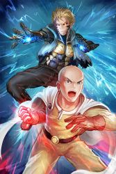 Rule 34 | 2boys, bald, black sclera, blonde hair, bodysuit, cape, clenched hand, colored sclera, cyborg, freeze-ex, genos, gloves, glowing, glowing eyes, hood, hoodie, incoming attack, incoming punch, male focus, multiple boys, one-punch man, open mouth, pants, punching, red gloves, saitama (one-punch man), short hair, sleeveless, sleeveless hoodie, superhero costume, yellow eyes