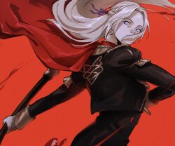 Rule 34 | 1girl, absurdres, black jacket, blood, braid, cape, commentary request, cropped jacket, edelgard von hresvelg, epaulettes, fire emblem, fire emblem: three houses, floating hair, french braid, garreg mach monastery uniform, gloves, hair over mouth, hair ribbon, highres, holding, holding weapon, jacket, long hair, long sleeves, looking back, nintendo, purple eyes, purple ribbon, red background, red cape, ribbon, roru (lol dessin), solo, standing, upper body, very long hair, weapon, white gloves, white hair