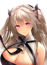 Rule 34 | 1girl, anchorage (azur lane), azur lane, bare shoulders, beefusteku, breasts, cleavage, cleavage cutout, clothing cutout, headgear, highres, huge breasts, long hair, looking at viewer, purple eyes, simple background, solo, twintails, upper body, white background