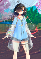 Rule 34 | 1girl, 404, :&lt;, blue eyes, blue shirt, breasts, cherry blossoms, feet out of frame, fence, hair ornament, hair over one eye, hairclip, highres, hood, http status code, kearful, miniskirt, multiple bracelets, original, outdoors, outstretched arms, pleated skirt, pointy ears, rain, rimless eyewear, shirt, short hair, skirt, small breasts, t-shirt, tentacles, thigh strap, transparent, transparent raincoat, transparent umbrella, tree, umbrella