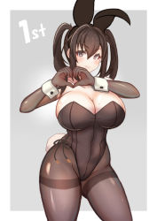 Rule 34 | 1girl, ai gon deroga, animal ears, bare shoulders, black eyes, black gloves, black hair, black hairband, black leotard, black pantyhose, blush, breasts, cleavage, closed mouth, commentary request, covered navel, elbow gloves, fake animal ears, gloves, grey background, hair between eyes, hairband, heart, heart hands, large breasts, legs apart, leotard, looking at viewer, mole, mole on breast, original, outside border, pantyhose, playboy bunny, rabbit ears, rabbit tail, shiny clothes, shiny skin, sidelocks, simple background, smile, solo, standing, tail, thighband pantyhose, twintails, two-tone background, white background, wrist cuffs