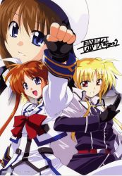Rule 34 | 00s, 3girls, absurdres, beret, black gloves, blonde hair, blue eyes, bow, bowtie, brown hair, clenched hand, dress, fate testarossa, fate testarossa (impulse form), fingerless gloves, gloves, hat, highres, looking at viewer, lyrical nanoha, mahou shoujo lyrical nanoha, mahou shoujo lyrical nanoha strikers, multiple girls, red bow, red bowtie, short hair, simple background, takamachi nanoha, takamachi nanoha (aggressor mode), text focus, white background, white dress, yagami hayate