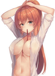 Rule 34 | 1girl, adjusting hair, areola slip, arms up, between breasts, blush, breasts, brown hair, bunching hair, cleavage, closed mouth, commentary, girls&#039; frontline, green eyes, hair between eyes, high ponytail, highres, large breasts, long hair, looking at viewer, motokonut, mouth hold, navel, open clothes, open shirt, ponytail, red ribbon, ribbon, ribbon in mouth, shirt, short sleeves, sidelocks, simple background, sleeves rolled up, solo, springfield (girls&#039; frontline), very long hair, white background, white shirt