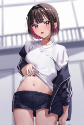 Rule 34 | 1girl, black hair, black hairband, black jacket, black nails, blush, breasts, chigusa minori, corrupted twitter file, cowboy shot, gym shirt, gym uniform, hair ornament, hairband, highres, jacket, jersey, large breasts, long sleeves, looking at viewer, multicolored hair, nail polish, navel, open mouth, parted lips, pink hair, purple eyes, shino to ren, shirayuki ren, shirt, short hair, short shorts, shorts, sidelocks, solo, standing, thighs, two-tone hair, white shirt