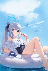 Rule 34 | 1girl, absurdres, ahoge, airi (ugpv2858), bare legs, bare shoulders, barefoot, blue archive, blue halo, blue one-piece swimsuit, blush, casual one-piece swimsuit, closed mouth, cloud, collarbone, day, frilled one-piece swimsuit, frills, halo, highres, holding, holding phone, long hair, looking at viewer, miyako (blue archive), miyako (swimsuit) (blue archive), off-shoulder one-piece swimsuit, off shoulder, official alternate costume, on innertube, one-piece swimsuit, phone, ponytail, purple eyes, solo, swimsuit, very long hair, water, white hair, white innertube